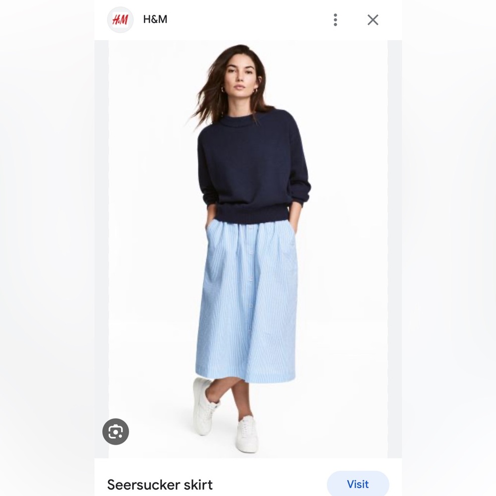 H&M Blue and White Striped Seersucker Midi Skirt with Pockets